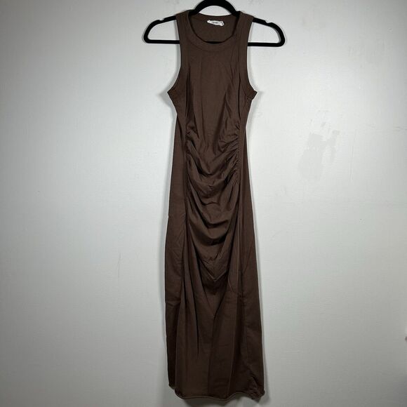 Mod Ref Gina Dress High Neck Midi Ruching Brown Size Small S - Picture 2 of 9
